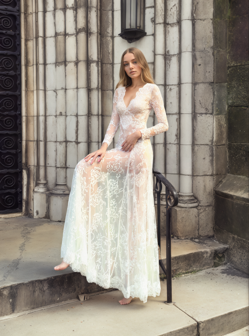 Long Sleeve Sheer Lace Robe