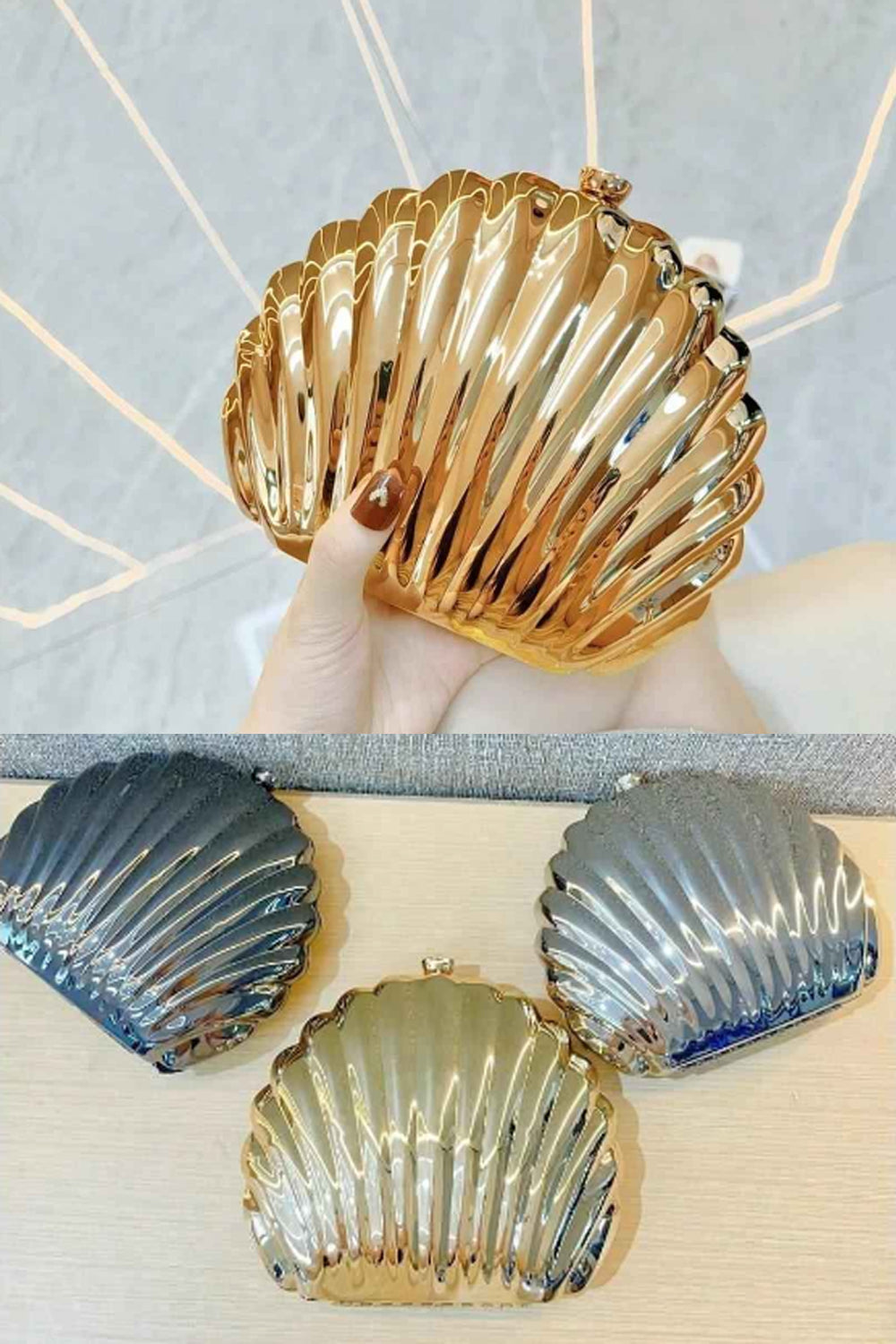 Sparkly seashell clutch with chain