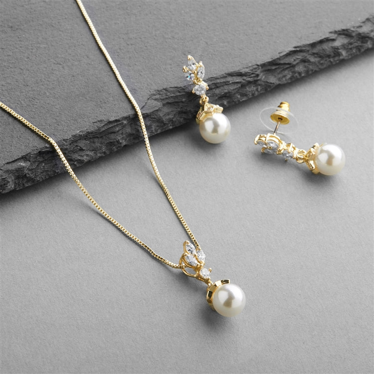 Vintage pearl drop necklace and earring set, gold