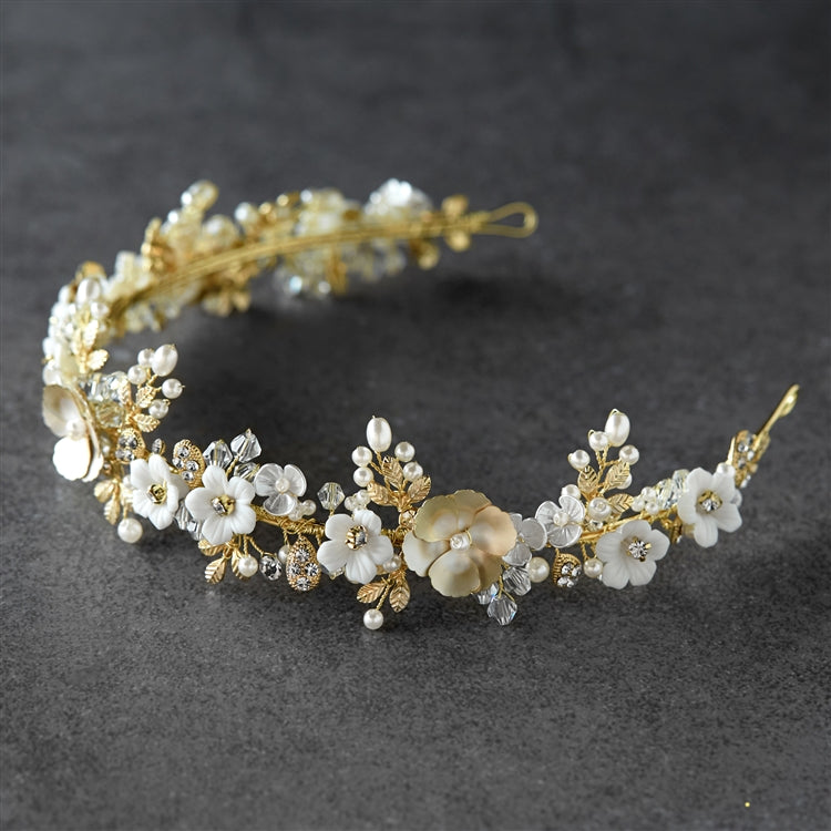 Porcelain flower pearl tiara, gold