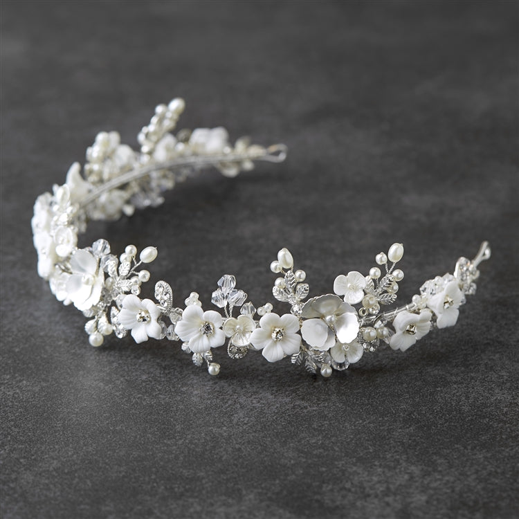 Porcelain flower pearl tiara, silver