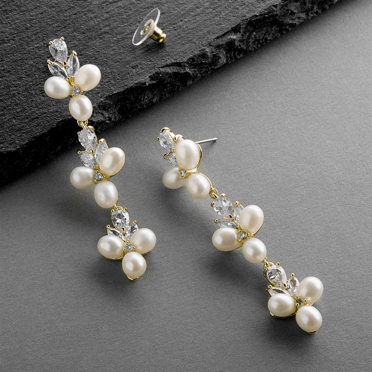 Freshwater pearl and CZ dangle earrings, gold