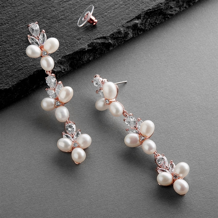 Freshwater pearl and CZ dangle earrings, rose gold