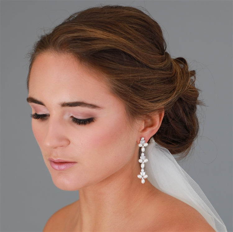 Freshwater pearl and CZ dangle earrings, silver