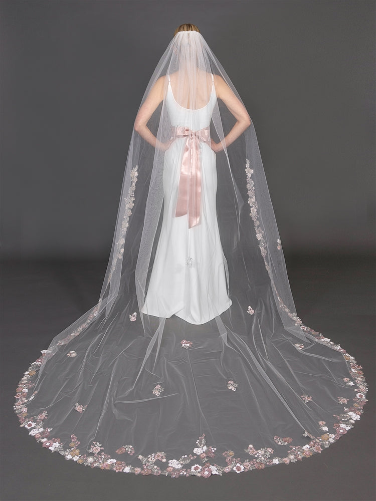 Pastel garden cathedral veil with embroidered flowers