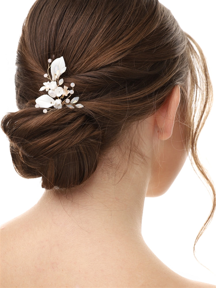 Opal and pearl bridal hair pin, gold