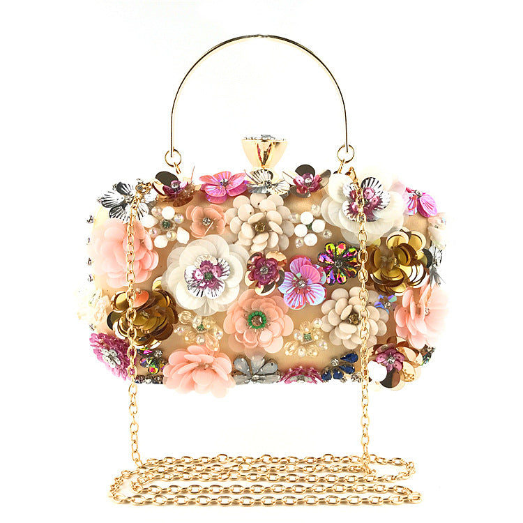 Floral satin evening clutch with 3D flowers and pearls