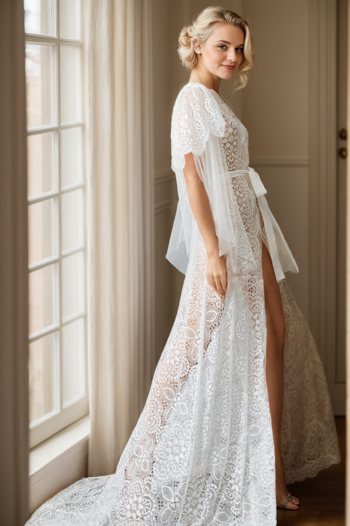 Chantilly Lace Bridal Robe with Train