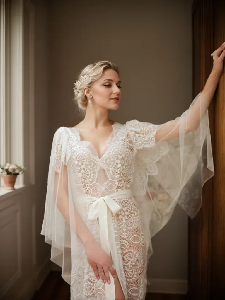 Chantilly Lace Bridal Robe with Train