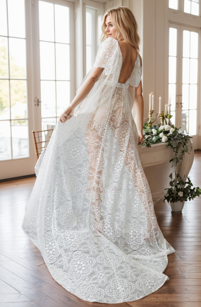 Chantilly Lace Bridal Robe with Train