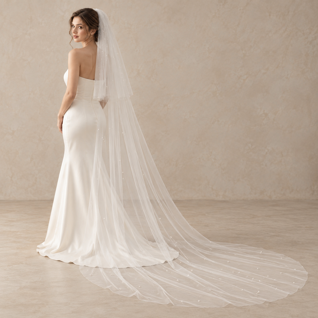Two Tier Scattered Pearl Veil - Chapel Length