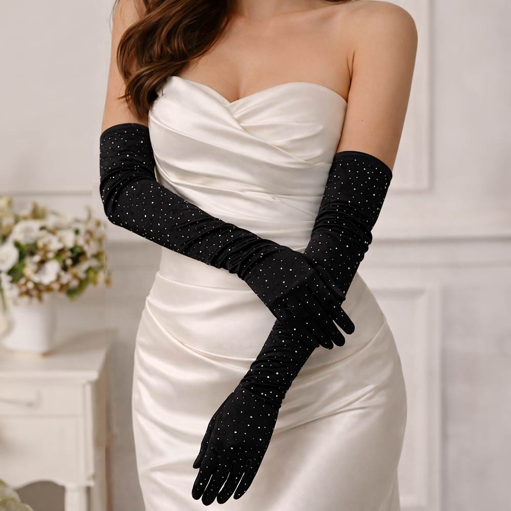 Stone Embellished Satin Opera Gloves