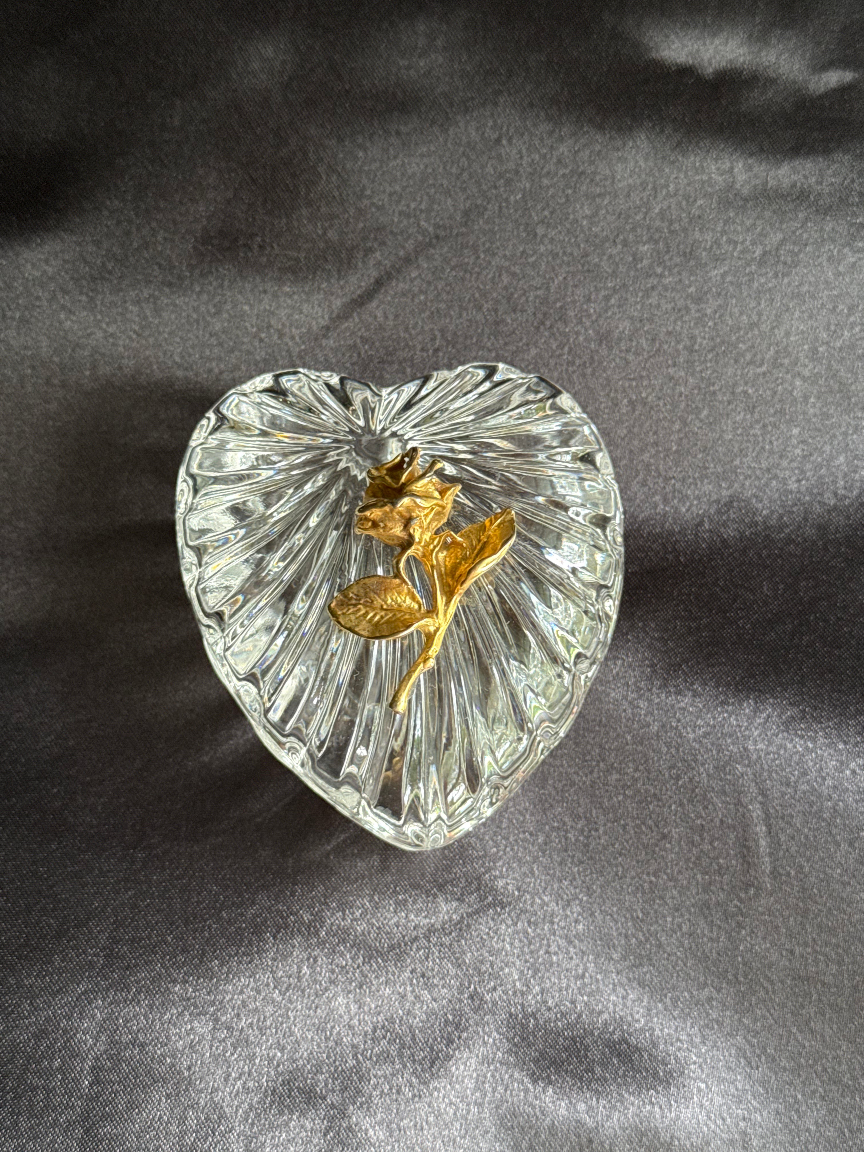 Vintage Crystal Heart Trinket Box with Gold Rose Lid