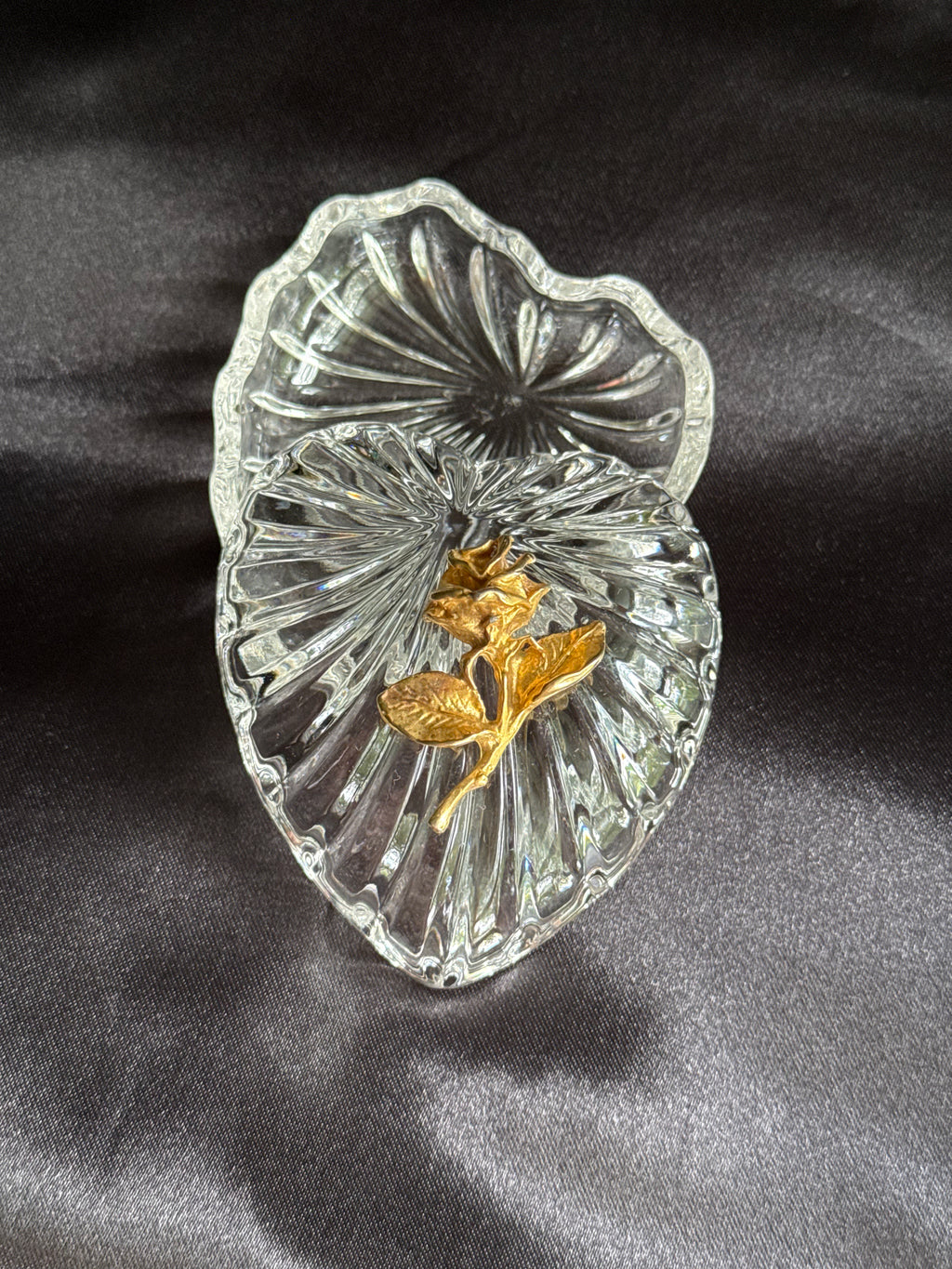 Vintage Crystal Heart Trinket Box with Gold Rose Lid