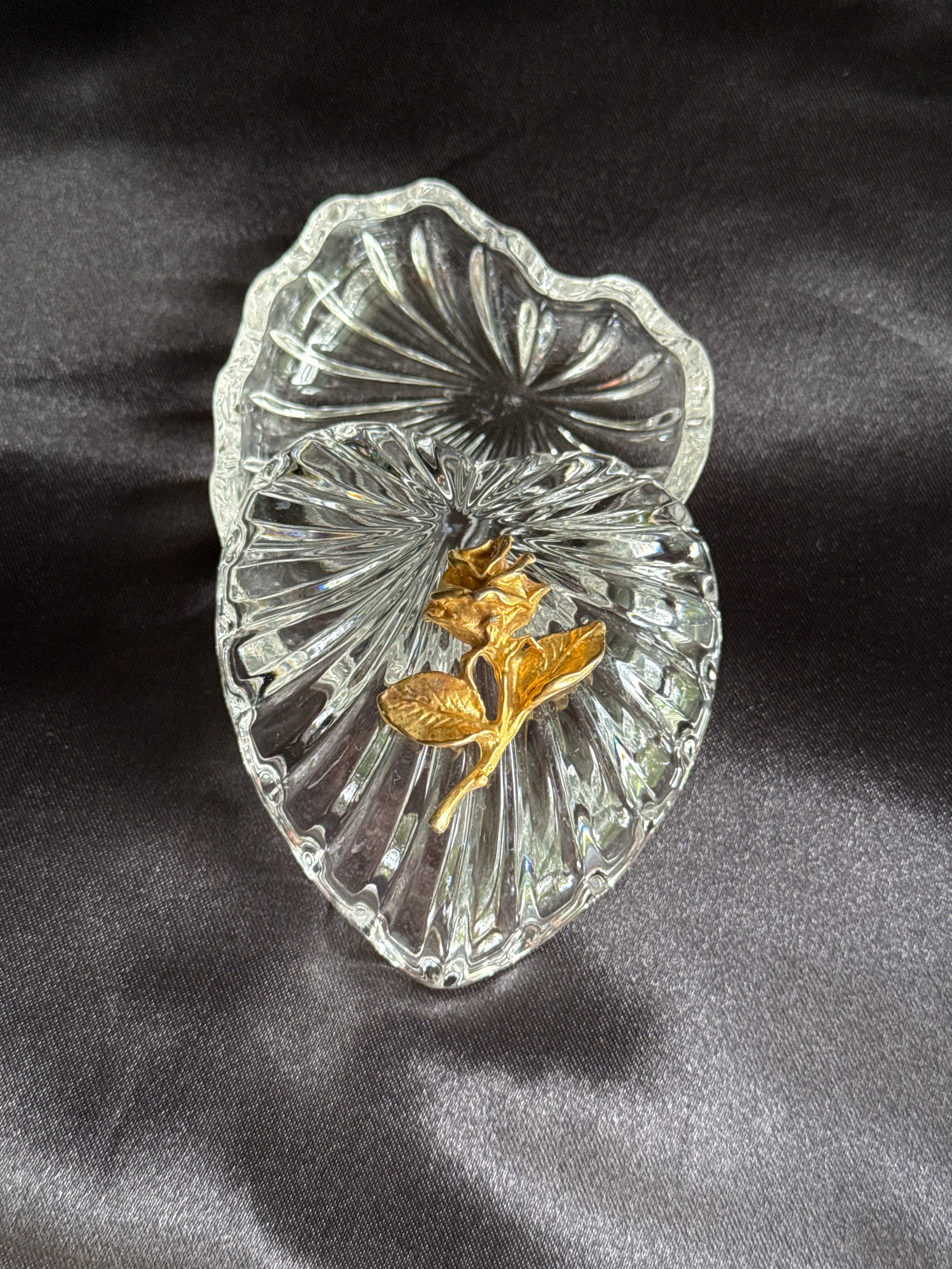 Vintage Crystal Heart Trinket Box with Gold Rose Lid