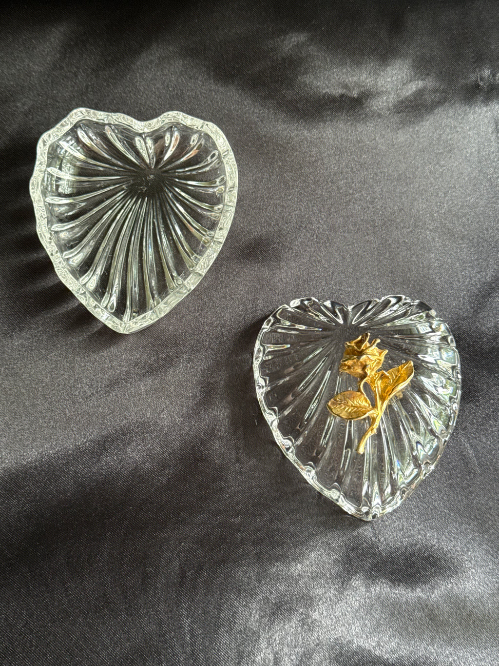 Vintage Crystal Heart Trinket Box with Gold Rose Lid
