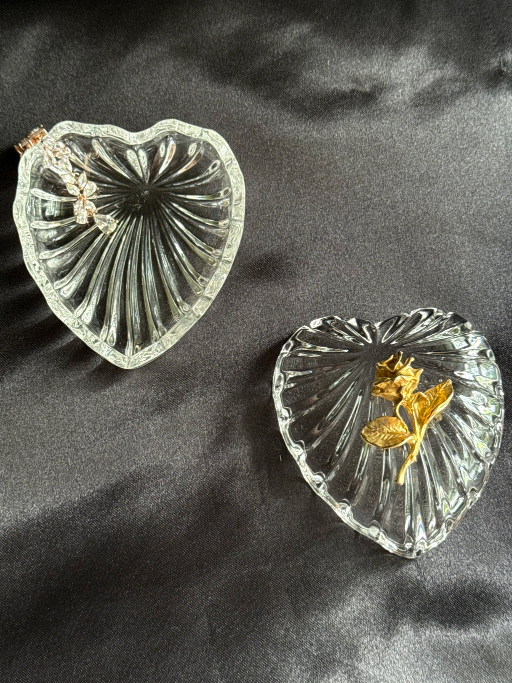 Vintage Crystal Heart Trinket Box with Gold Rose Lid