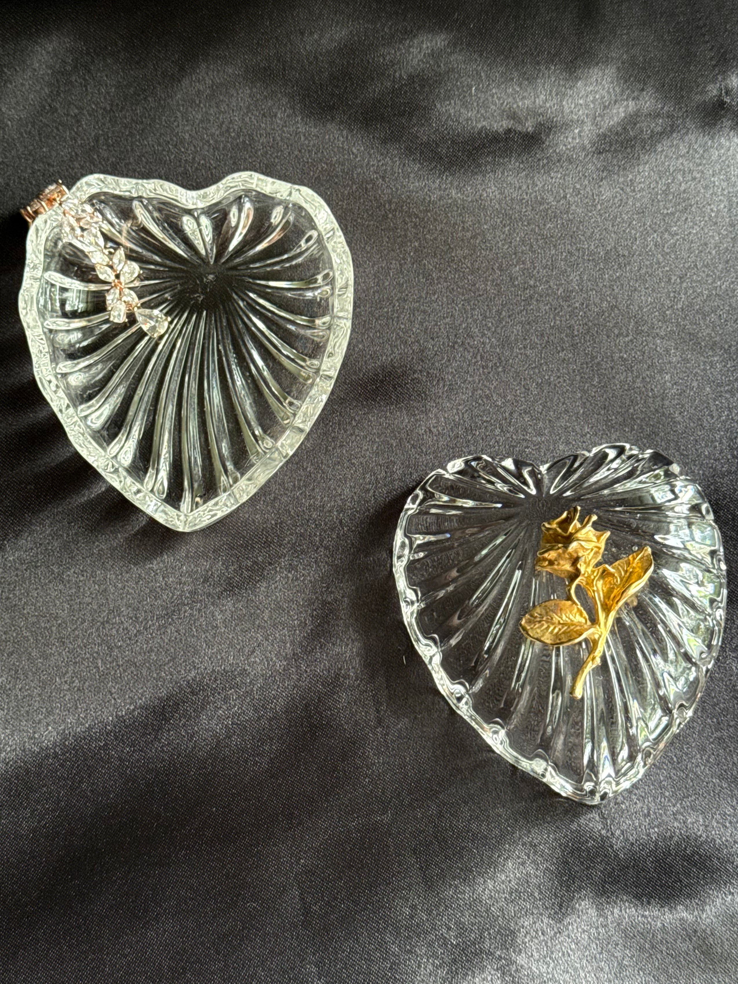 Vintage Crystal Heart Trinket Box with Gold Rose Lid