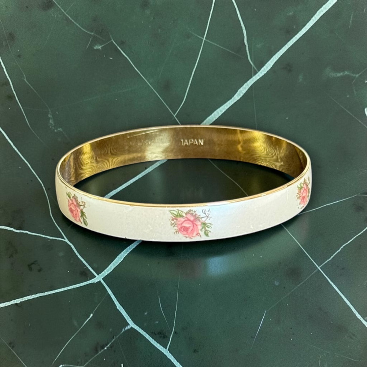 Vintage ivory enamel bangle with pink roses, gold-tone