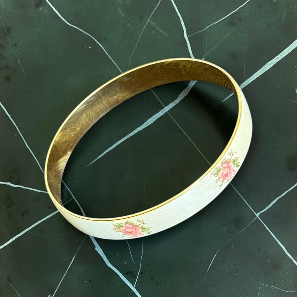 Vintage pink rose enamel bangle, another view