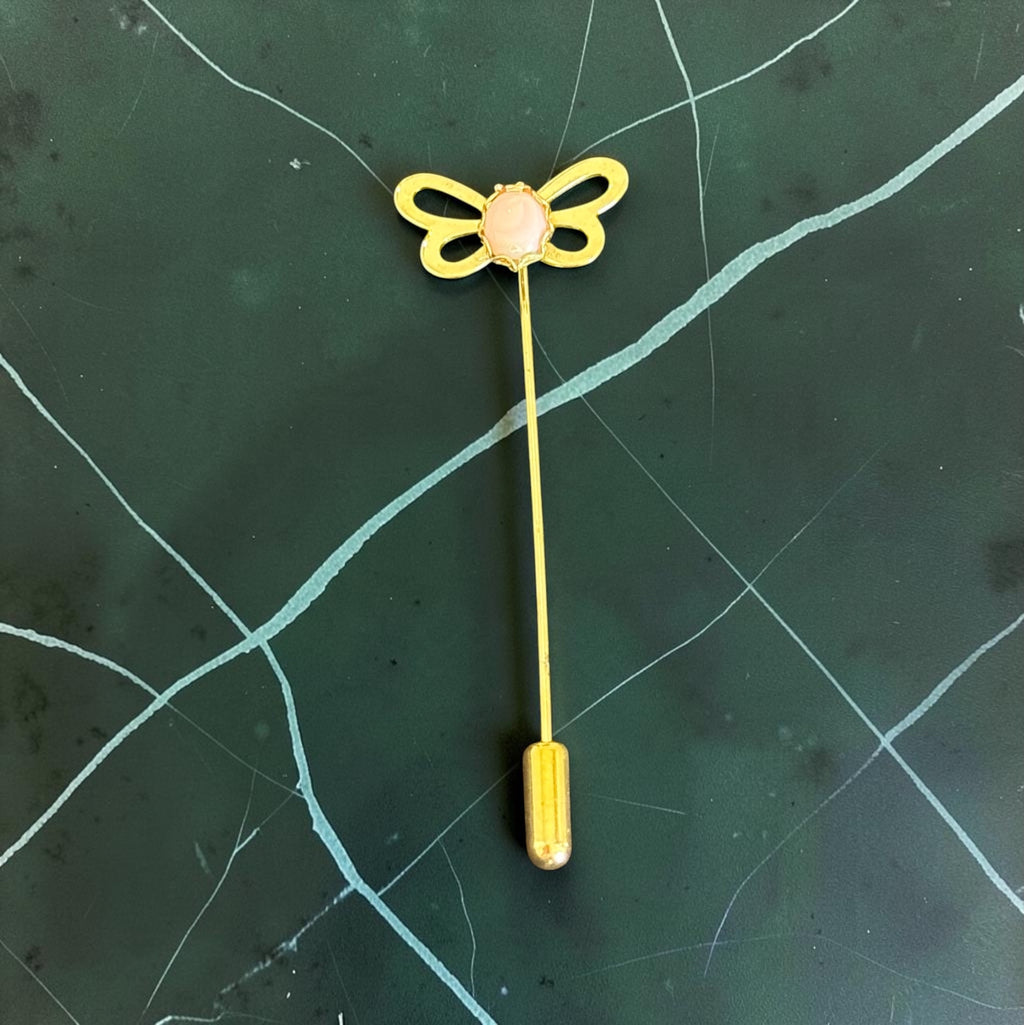 Vintage open butterfly stick pin with pink stone