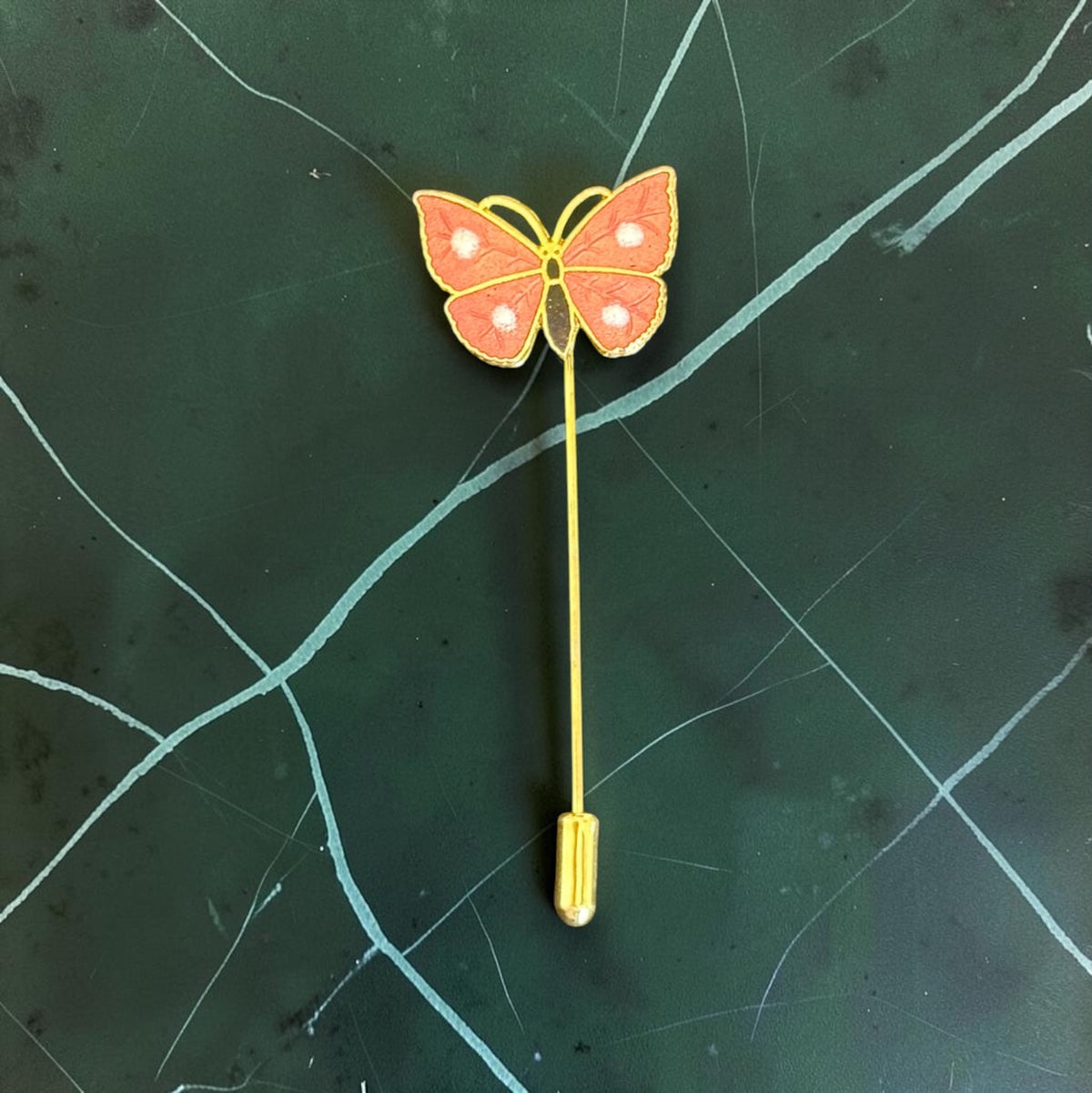 Vintage coral enamel butterfly stick pin