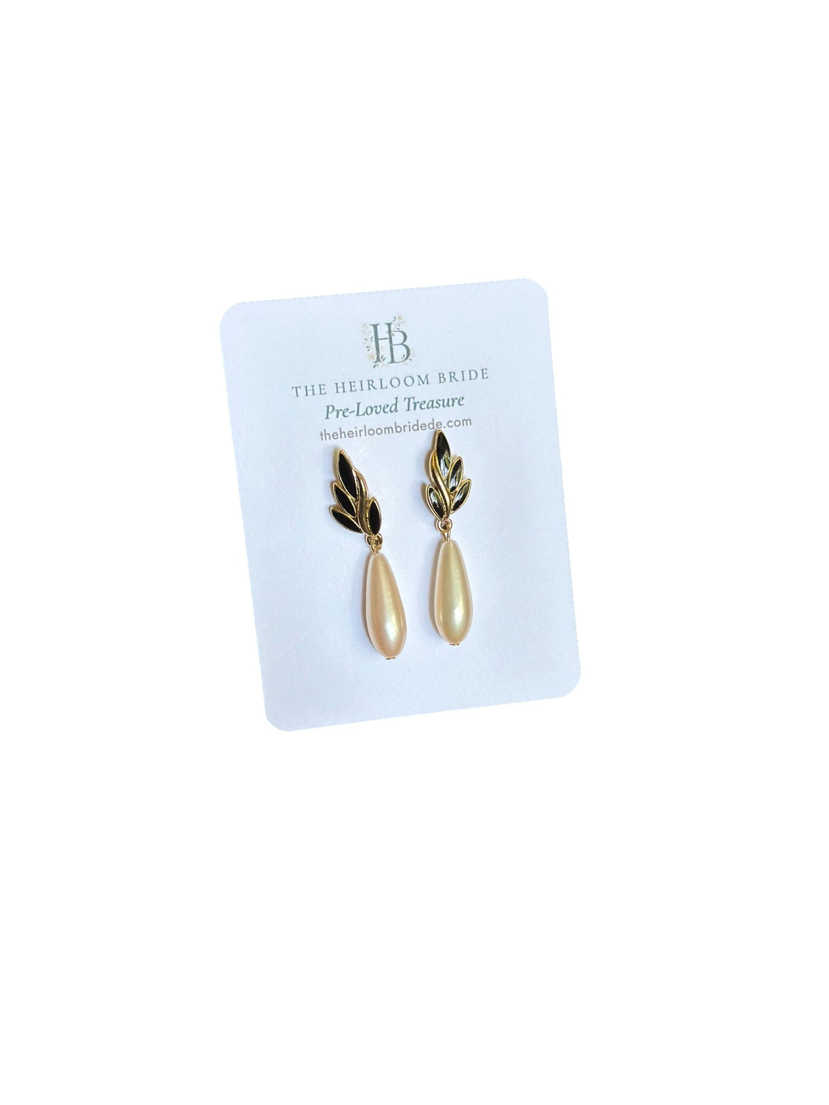 Vintage black enamel pearl drop earrings, detail