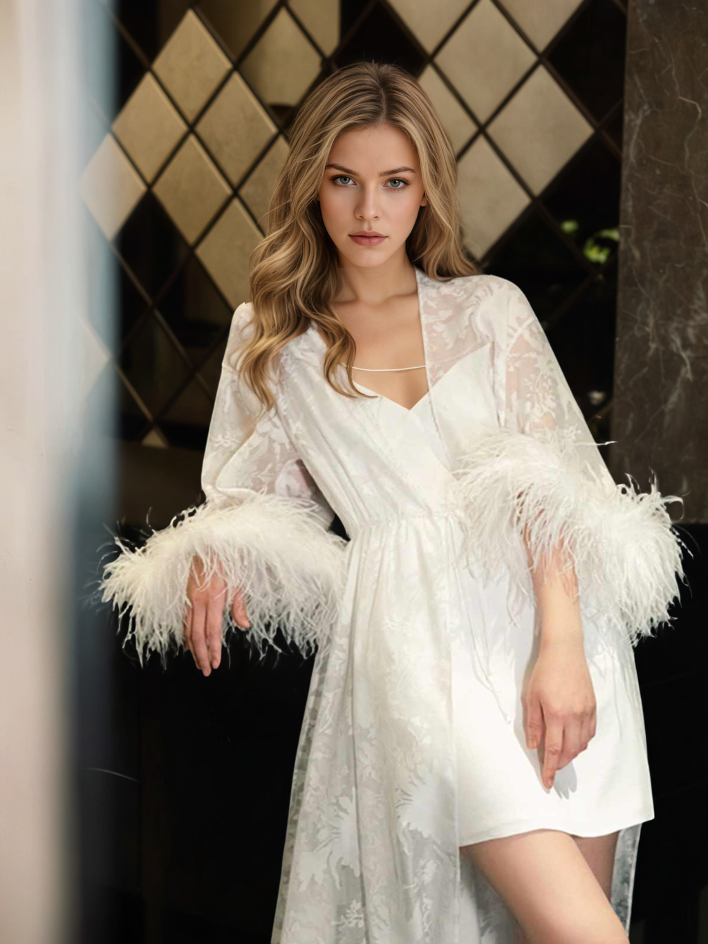 White Feather Trim Lace Robe Set