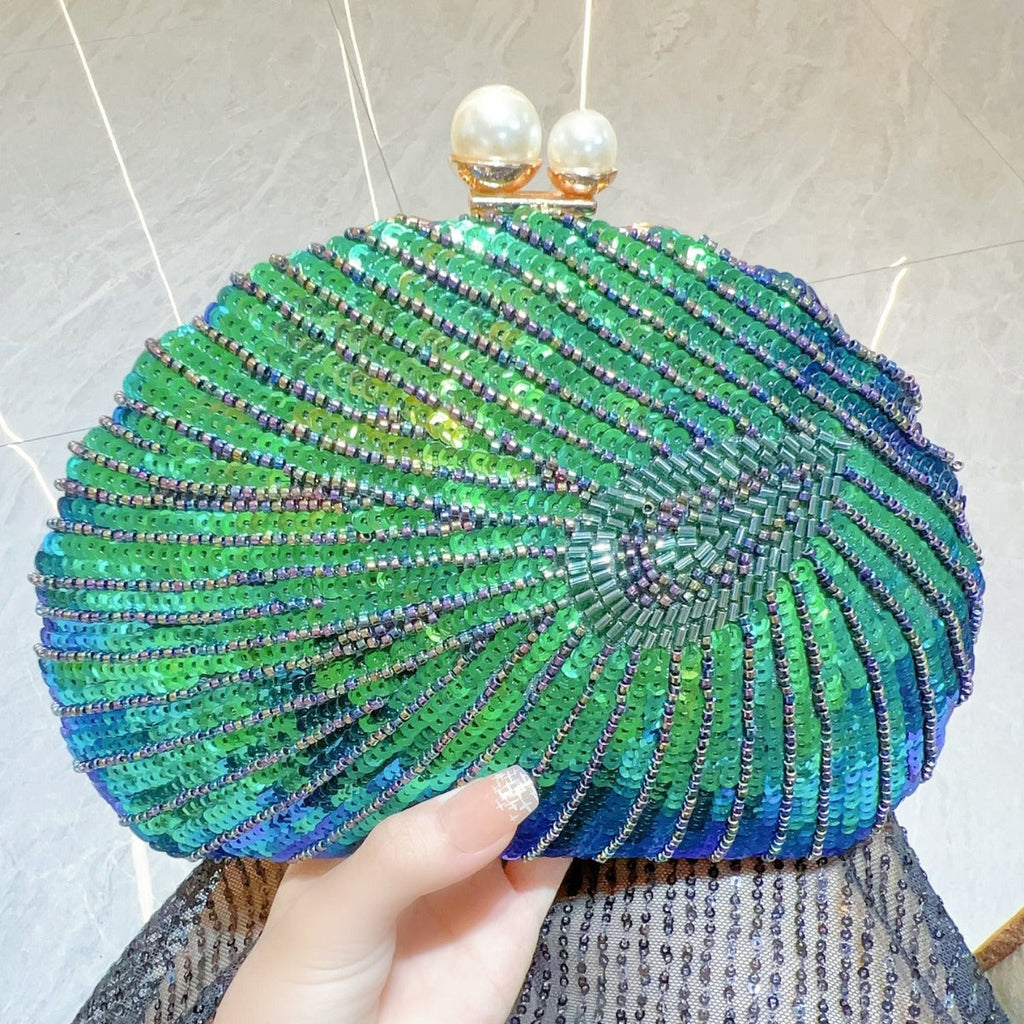 Beaded seashell evening clutch with pearl clasp