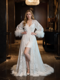 White Feather Trim Lace Robe Set