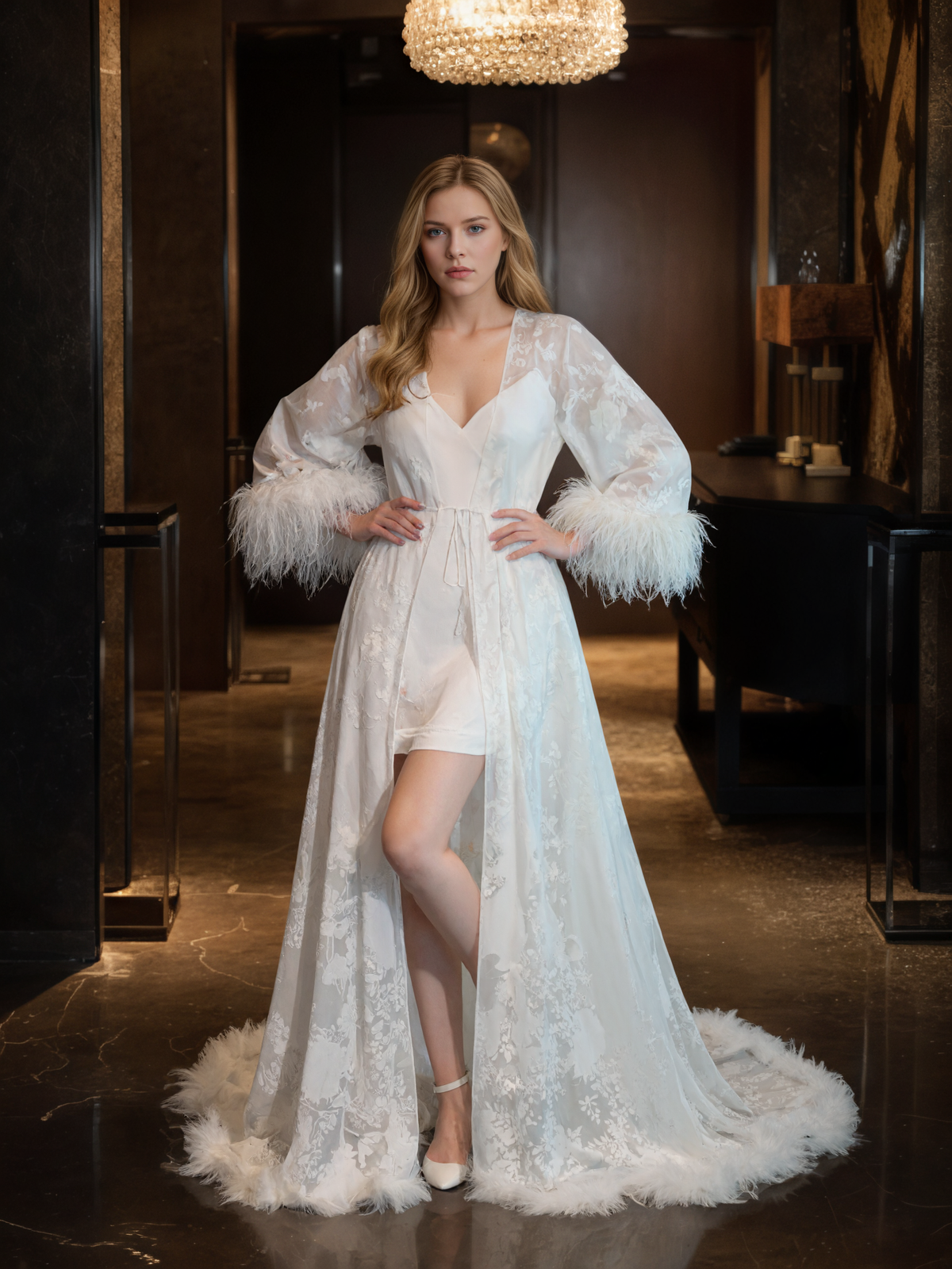 White Feather Trim Lace Robe Set