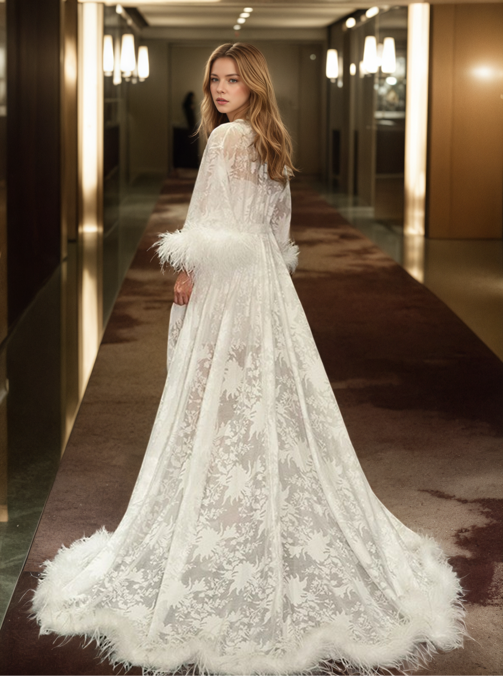 White Feather Trim Lace Robe Set