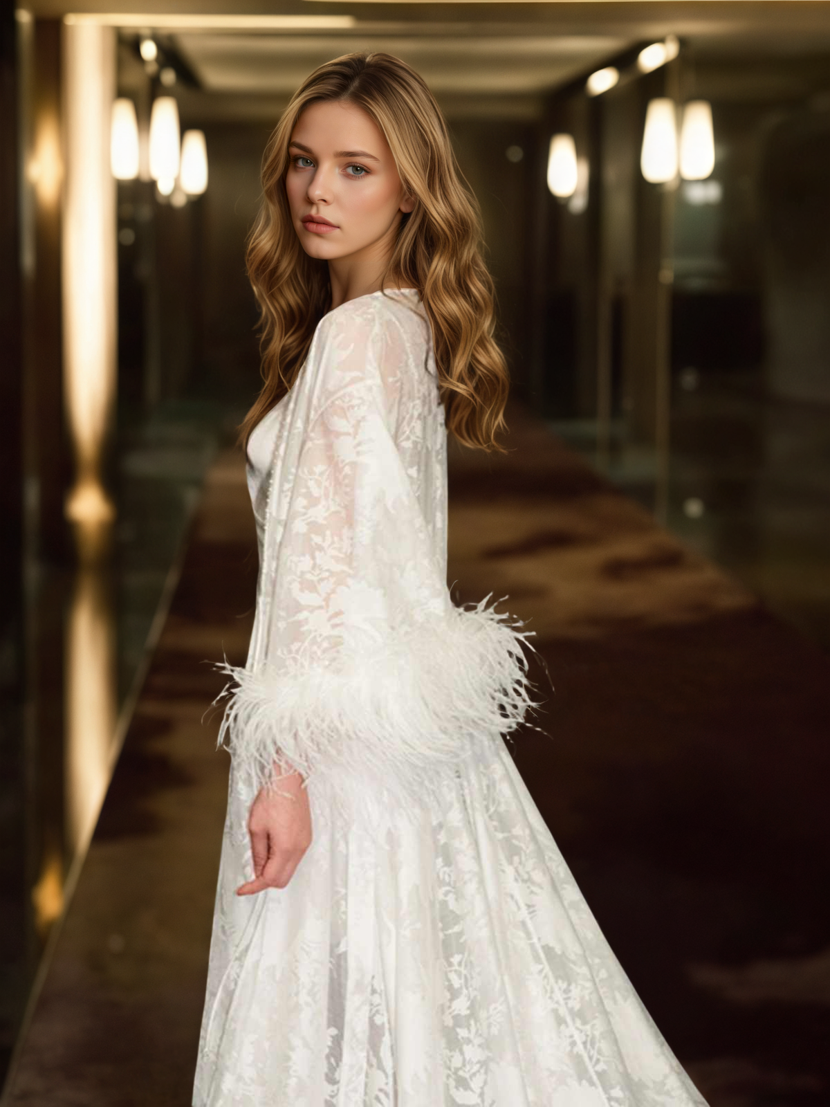 White Feather Trim Lace Robe Set