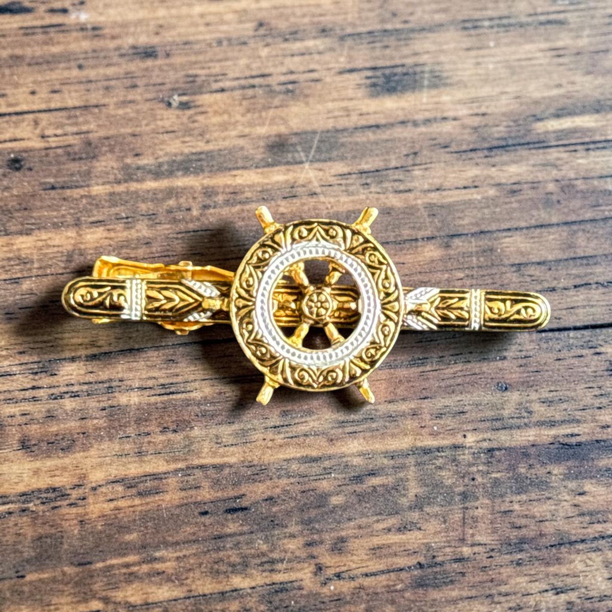 Vintage Damascene Style Ship's Wheel Tie Clip